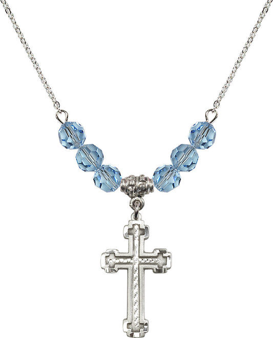 Sterling Silver Cross Birthstone Necklace with Aqua Beads - 6039