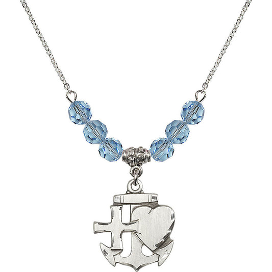 Sterling Silver Faith, Hope & Charity Birthstone Necklace with Aqua Beads - 6045