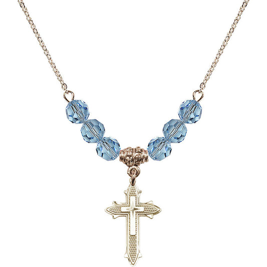 14kt Gold Filled Cross on Cross Birthstone Necklace with Aqua Beads - 6058