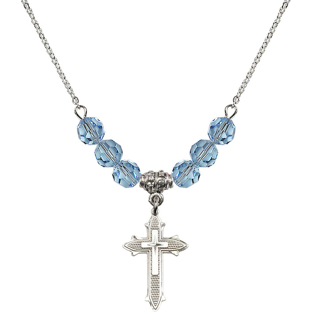 Sterling Silver Cross on Cross Birthstone Necklace with Aqua Beads - 6058