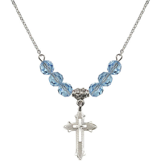 Sterling Silver Cross on Cross Birthstone Necklace with Aqua Beads - 6058