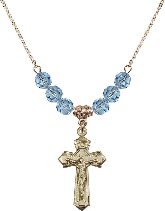 14kt Gold Filled Crucifix Birthstone Necklace with Aqua Beads - 6092