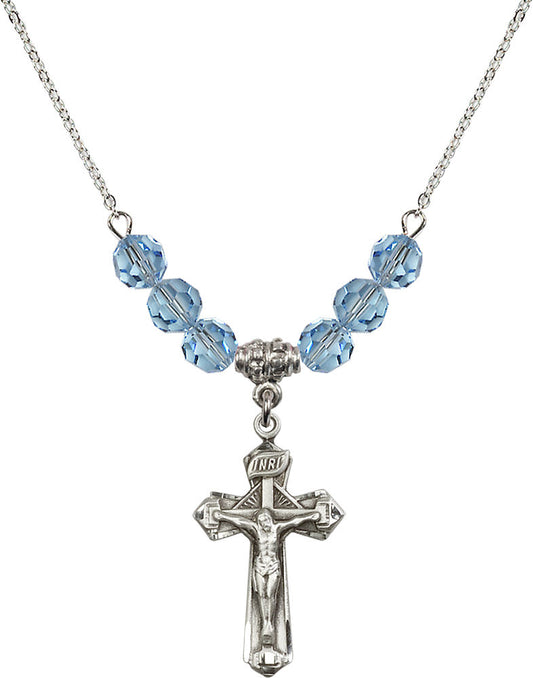 Sterling Silver Crucifix Birthstone Necklace with Aqua Beads - 6092