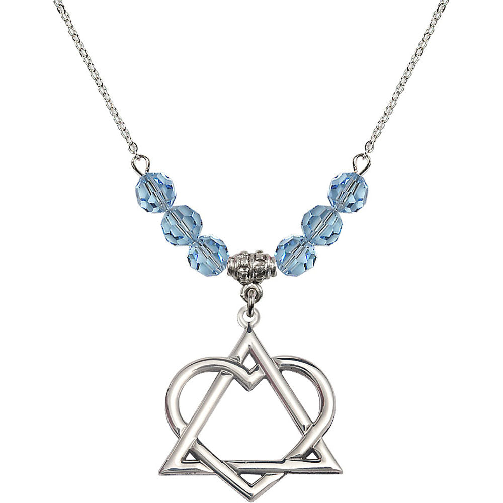 Sterling Silver Adoption Heart Birthstone Necklace with Aqua Beads - 6210