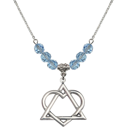 Sterling Silver Adoption Heart Birthstone Necklace with Aqua Beads - 6210