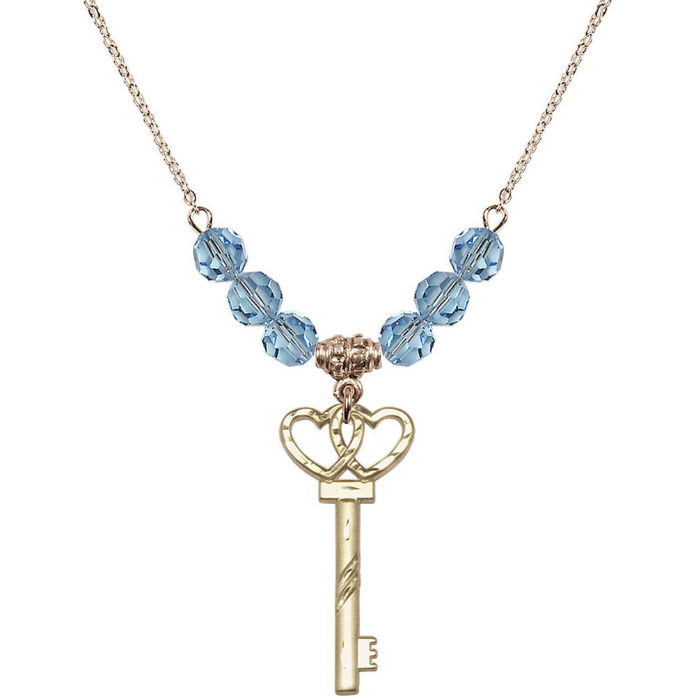14kt Gold Filled Small Key w/Double Hearts Birthstone Necklace with Aqua Beads - 6213