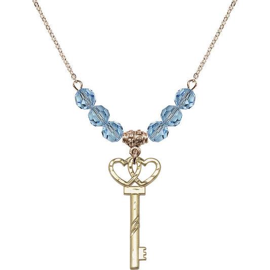 14kt Gold Filled Small Key w/Double Hearts Birthstone Necklace with Aqua Beads - 6213