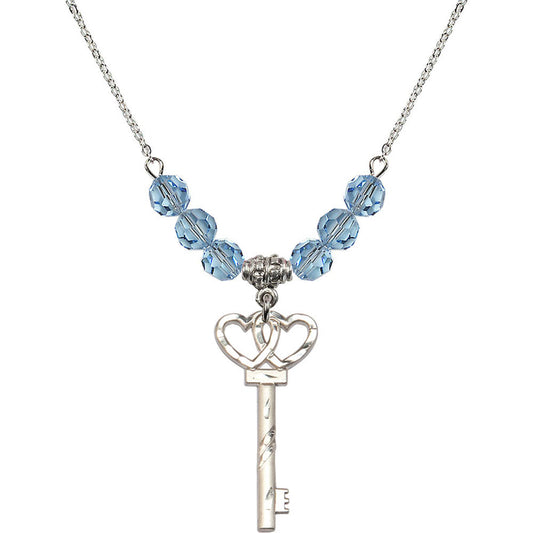 Sterling Silver Small Key w/Double Hearts Birthstone Necklace with Aqua Beads - 6213