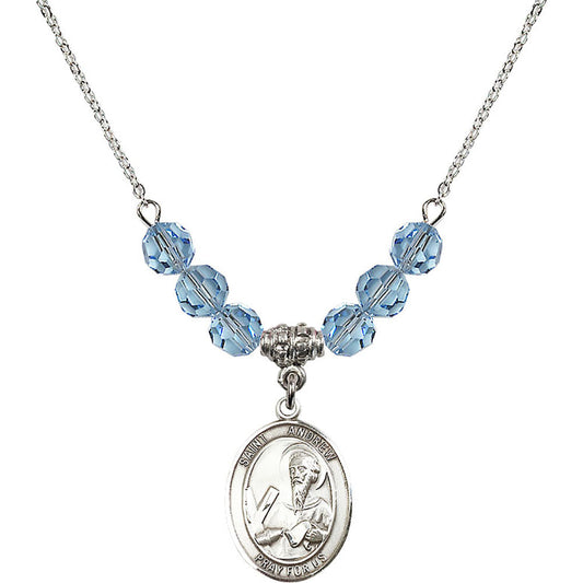 Sterling Silver Saint Andrew the Apostle Birthstone Necklace with Aqua Beads - 8000