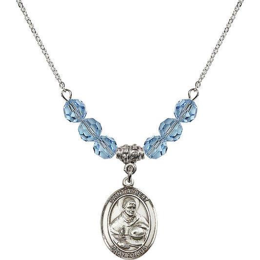 Sterling Silver Saint Albert the Great Birthstone Necklace with Aqua Beads - 8001