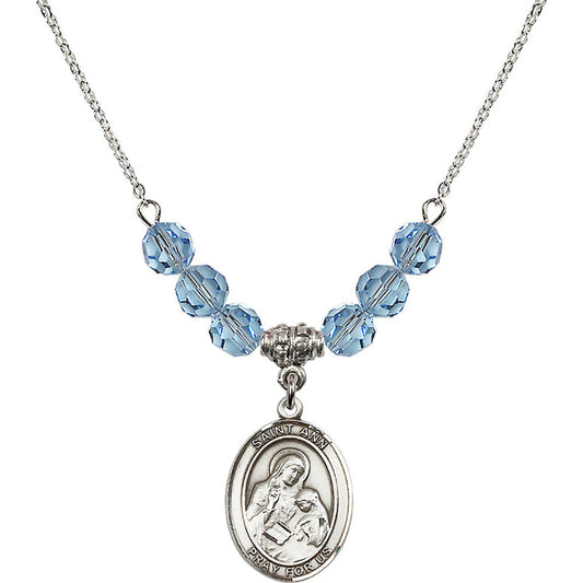 Sterling Silver Saint Ann Birthstone Necklace with Aqua Beads - 8002