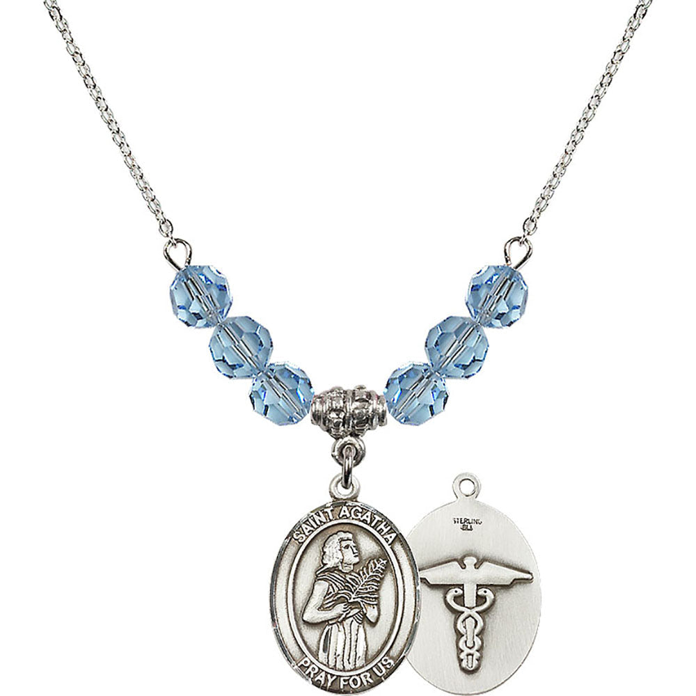 Sterling Silver Saint Agatha / Nurse Birthstone Necklace with Aqua Beads - 8003