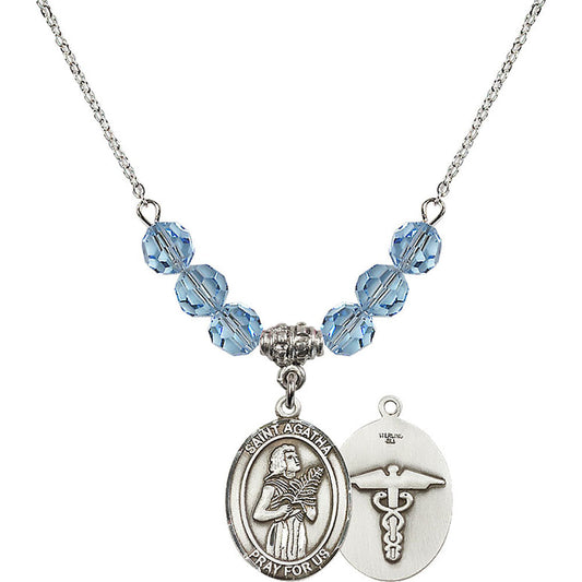 Sterling Silver Saint Agatha / Nurse Birthstone Necklace with Aqua Beads - 8003