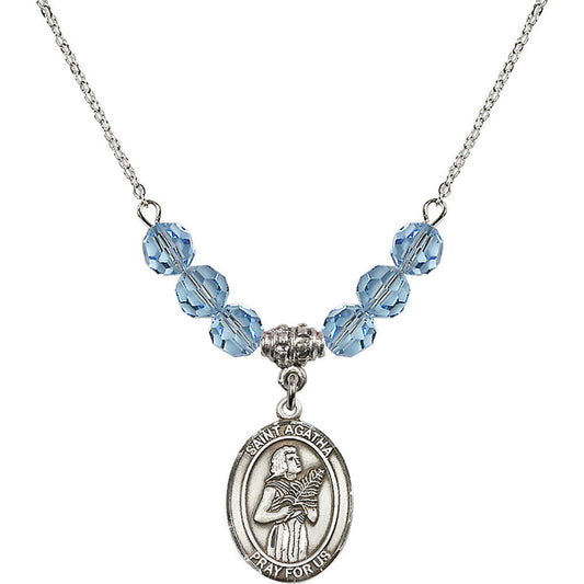 Sterling Silver Saint Agatha Birthstone Necklace with Aqua Beads - 8003