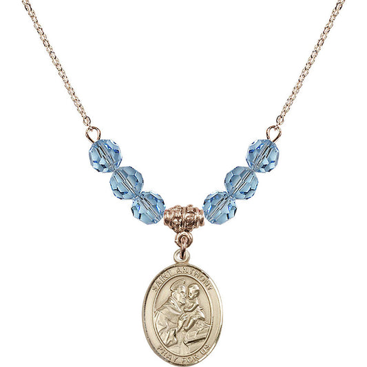 14kt Gold Filled Saint Anthony of Padua Birthstone Necklace with Aqua Beads - 8004
