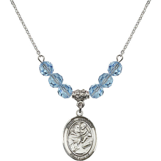 Sterling Silver Saint Anthony of Padua Birthstone Necklace with Aqua Beads - 8004