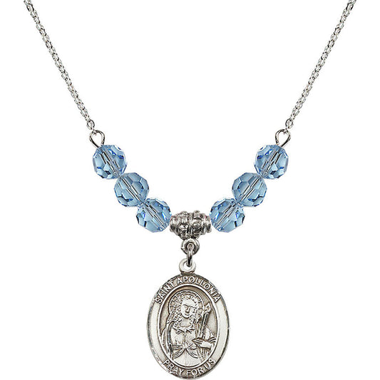 Sterling Silver Saint Apollonia Birthstone Necklace with Aqua Beads - 8005