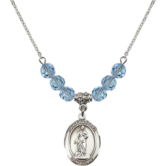 Sterling Silver Saint Barbara Birthstone Necklace with Aqua Beads - 8006