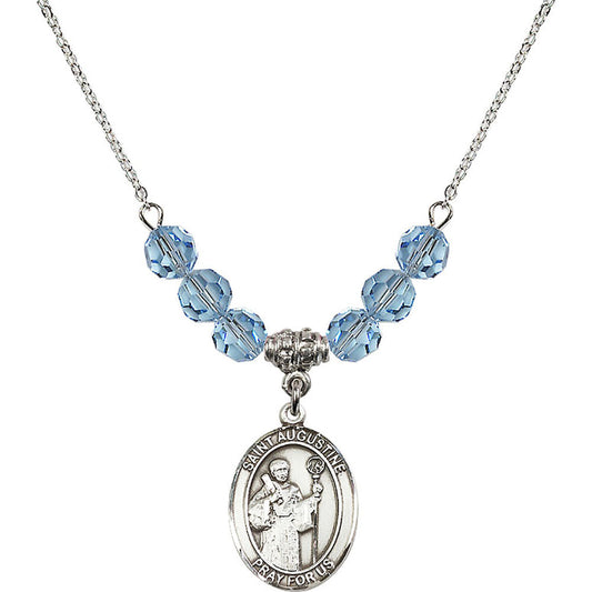 Sterling Silver Saint Augustine Birthstone Necklace with Aqua Beads - 8007