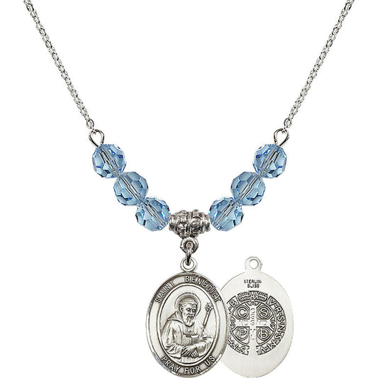 Sterling Silver Saint Benedict Birthstone Necklace with Aqua Beads - 8008