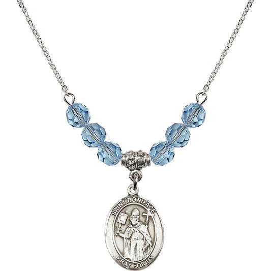 Sterling Silver Saint Boniface Birthstone Necklace with Aqua Beads - 8009