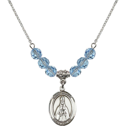Sterling Silver Saint Blaise Birthstone Necklace with Aqua Beads - 8010