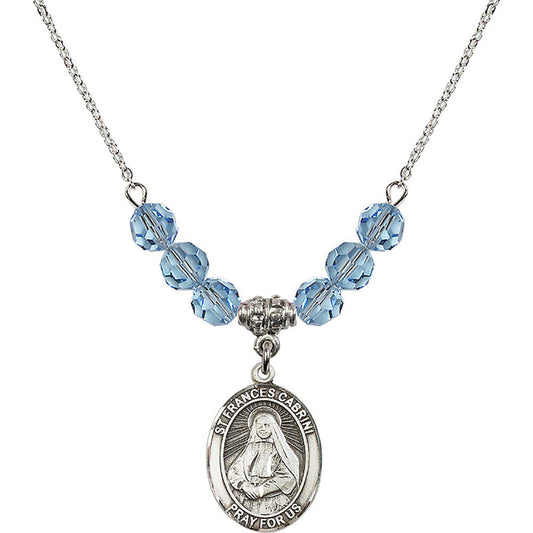 Sterling Silver Saint Frances Cabrini Birthstone Necklace with Aqua Beads - 8011