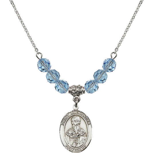 Sterling Silver Saint Alexander Sauli Birthstone Necklace with Aqua Beads - 8012