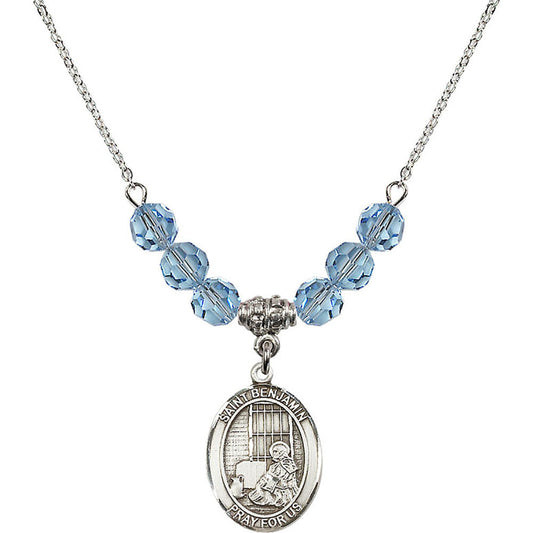 Sterling Silver Saint Benjamin Birthstone Necklace with Aqua Beads - 8013