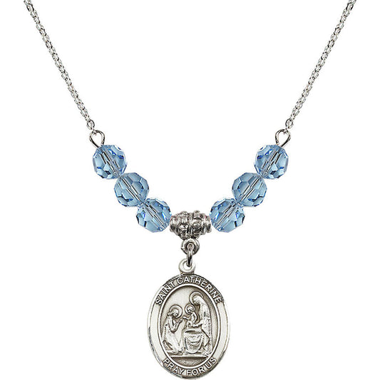 Sterling Silver Saint Catherine of Siena Birthstone Necklace with Aqua Beads - 8014