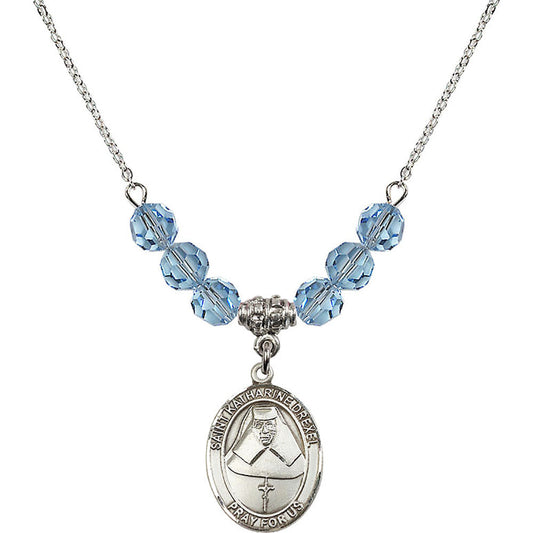 Sterling Silver Saint Katharine Drexel Birthstone Necklace with Aqua Beads - 8015