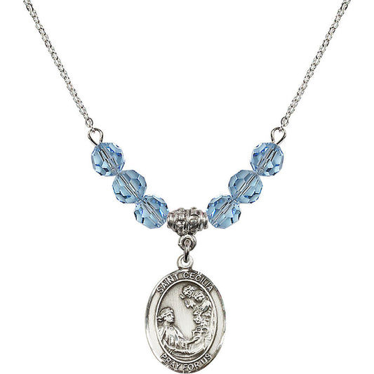 Sterling Silver Saint Cecilia Birthstone Necklace with Aqua Beads - 8016