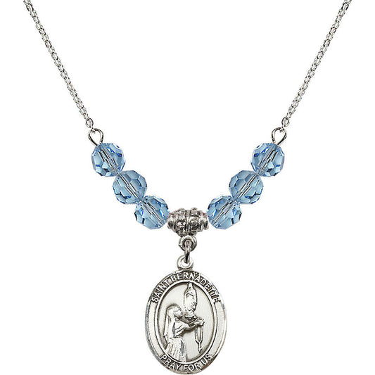 Sterling Silver Saint Bernadette Birthstone Necklace with Aqua Beads - 8017
