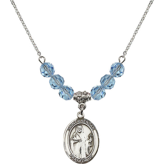 Sterling Silver Saint Brendan the Navigator Birthstone Necklace with Aqua Beads - 8018
