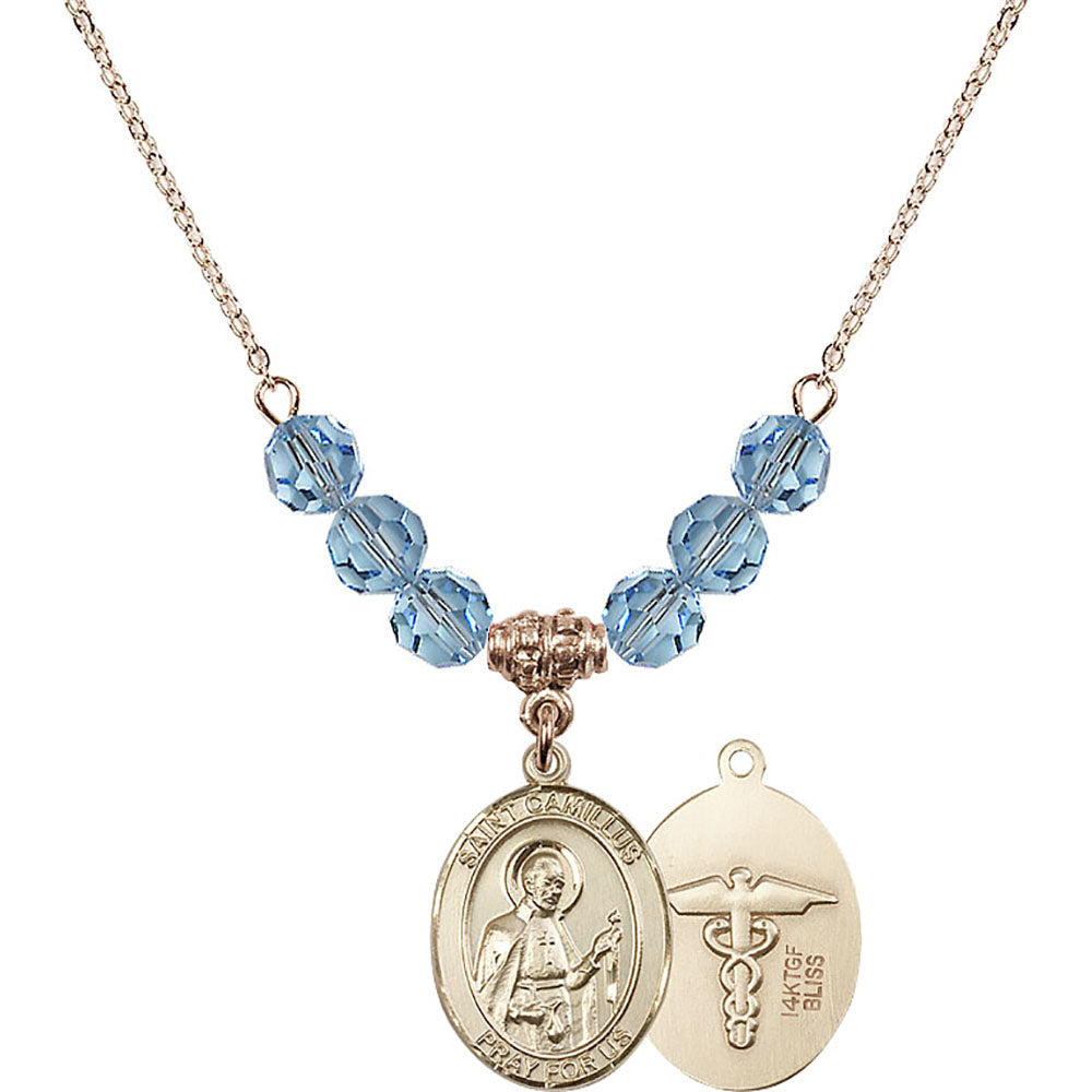 14kt Gold Filled Saint Camillus of Lellis / Nurse Birthstone Necklace with Aqua Beads - 8019