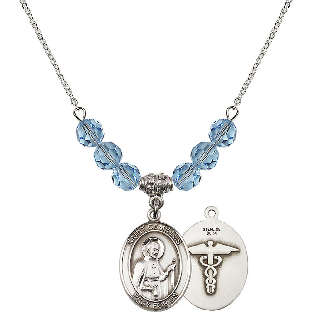 Sterling Silver Saint Camillus of Lellis / Nurse Birthstone Necklace with Aqua Beads - 8019