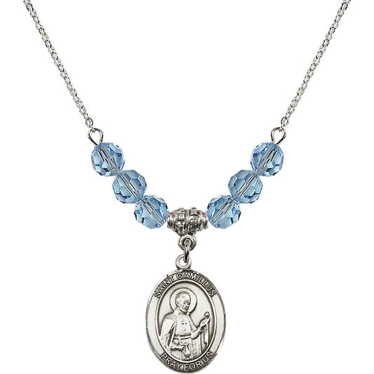 Sterling Silver Saint Camillus of Lellis Birthstone Necklace with Aqua Beads - 8019