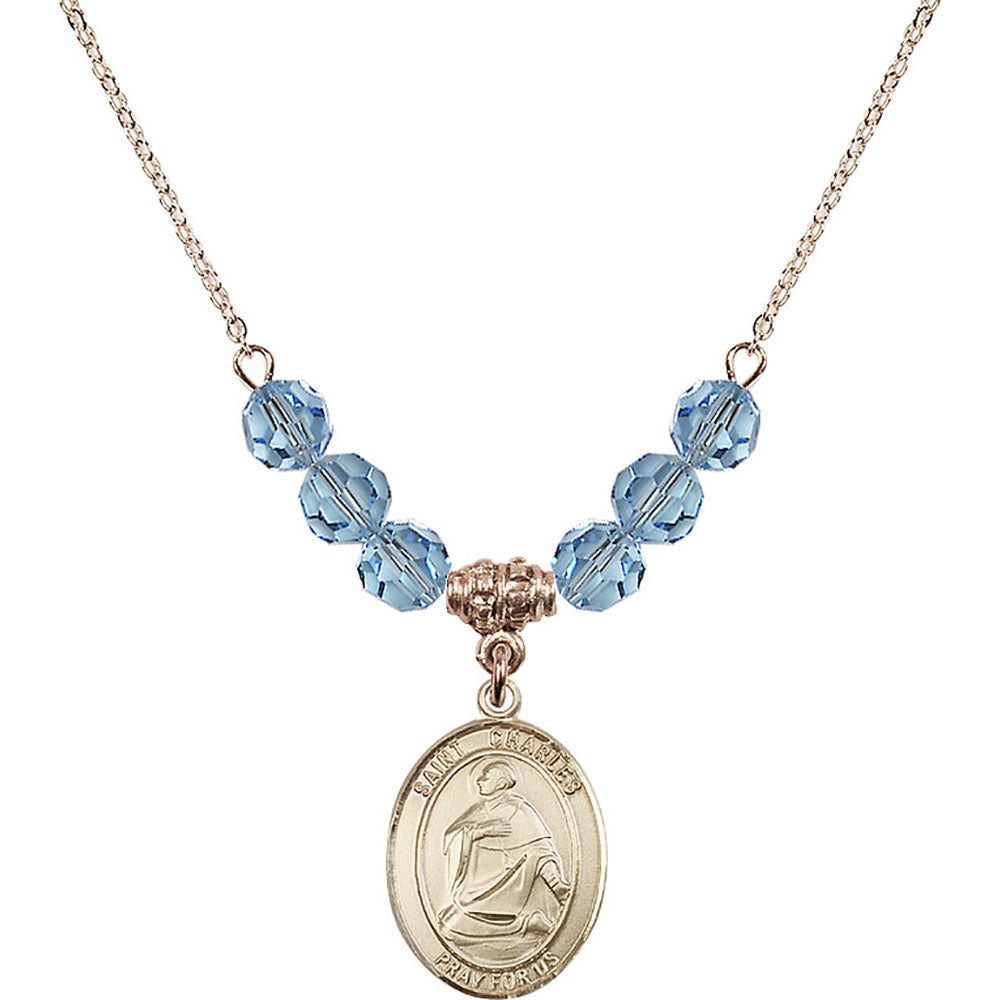 14kt Gold Filled Saint Charles Borromeo Birthstone Necklace with Aqua Beads - 8020