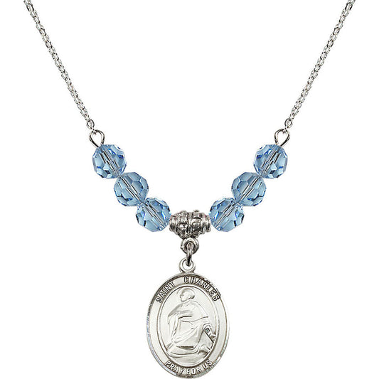 Sterling Silver Saint Charles Borromeo Birthstone Necklace with Aqua Beads - 8020