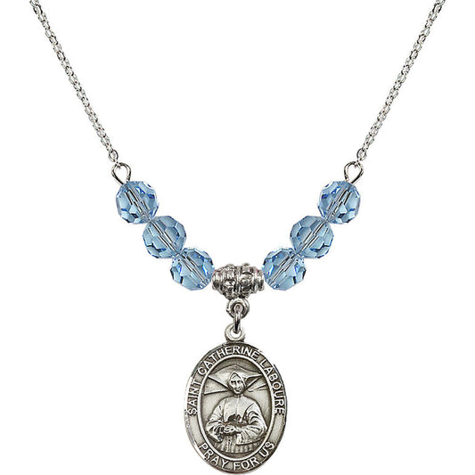 Sterling Silver Saint Catherine Laboure Birthstone Necklace with Aqua Beads - 8021