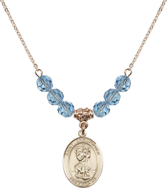 14kt Gold Filled Saint Christopher Birthstone Necklace with Aqua Beads - 8022