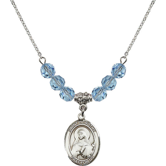 Sterling Silver Saint Dorothy Birthstone Necklace with Aqua Beads - 8023