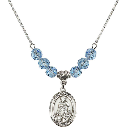 Sterling Silver Saint Daniel Birthstone Necklace with Aqua Beads - 8024