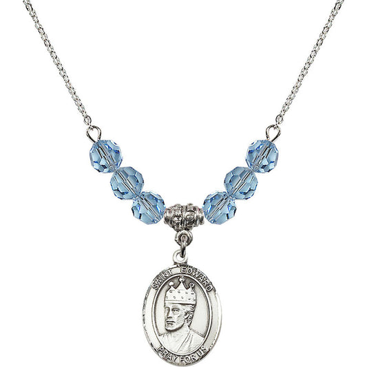 Sterling Silver Saint Edward the Confessor Birthstone Necklace with Aqua Beads - 8026