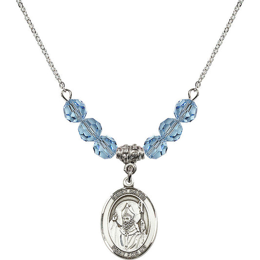 Sterling Silver Saint David of Wales Birthstone Necklace with Aqua Beads - 8027