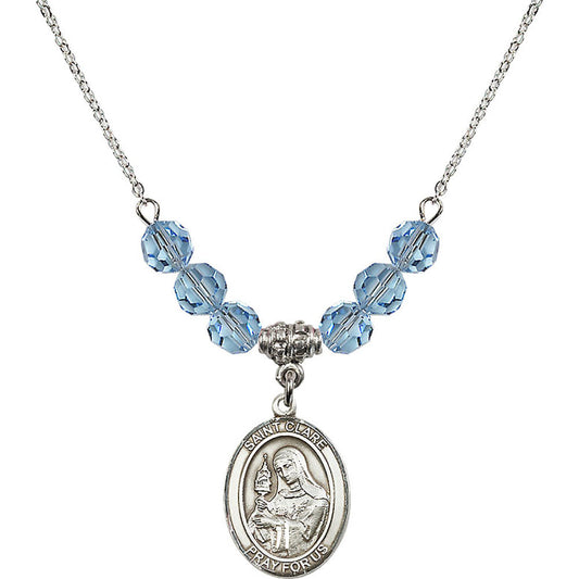 Sterling Silver Saint Clare of Assisi Birthstone Necklace with Aqua Beads - 8028