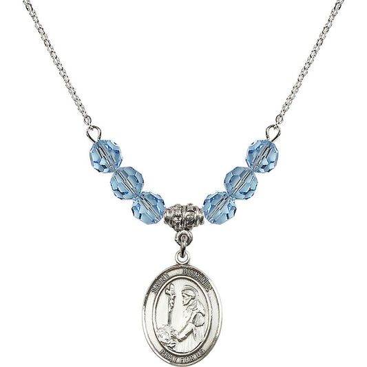 Sterling Silver Saint Dominic de Guzman Birthstone Necklace with Aqua Beads - 8030