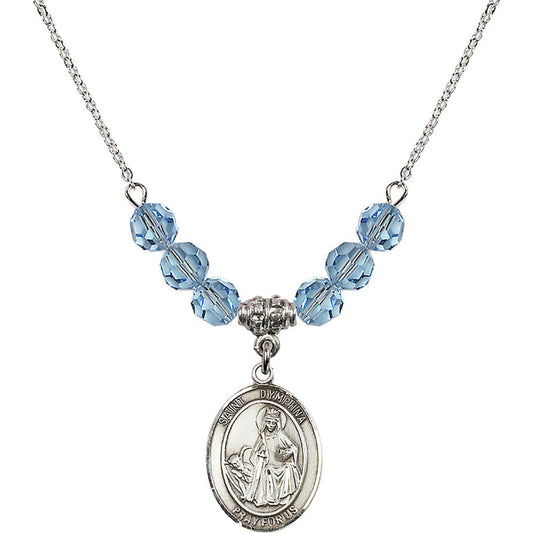 Sterling Silver Saint Dymphna Birthstone Necklace with Aqua Beads - 8032