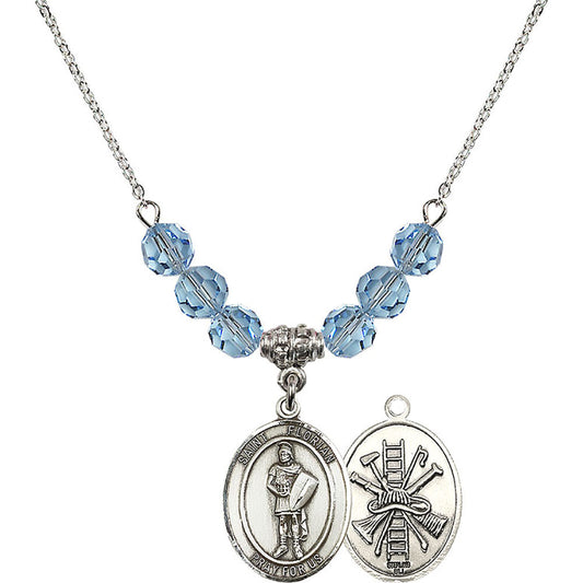 Sterling Silver Saint Florian/Firefighter Birthstone Necklace with Aqua Beads - 8034