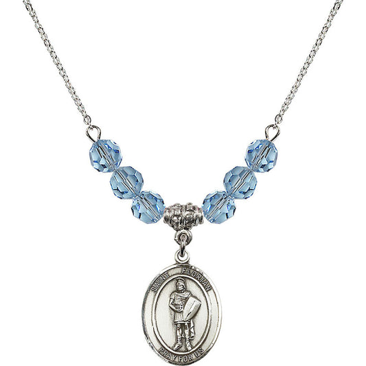 Sterling Silver Saint Florian Birthstone Necklace with Aqua Beads - 8034